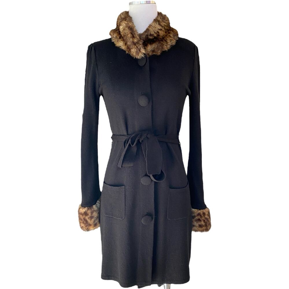 INC International Concepts Long Black Cardigan Leopard Print Fur Trim Medium